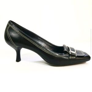 COLE HAAN Black Leather Square Toe Kitten Heels Silver Buckle Pump